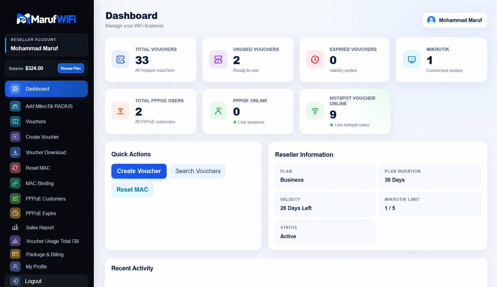 Maruf WiFi MikroTik Hotspot, PPPoE and reseller management dashboard